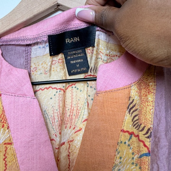 Rain Women‎ Patchwork Henley Top Medium Pink Paisley Artsy Short Sleeve Bohemian - Picture 2 of 7